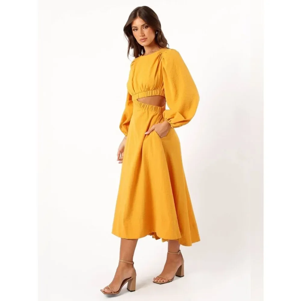 Petal & Pup Ginnee Puff Sleeve Cutout Long Sleeve Midi Dress Size XSmall